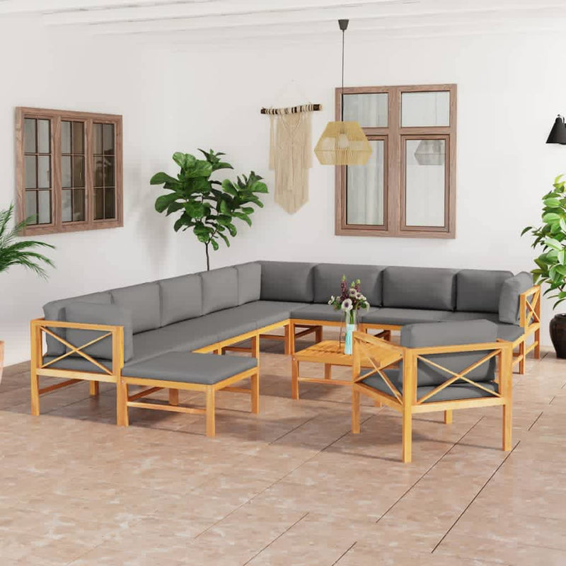 12 Piece Garden Lounge Set with Grey Cushions Solid Wood Teak