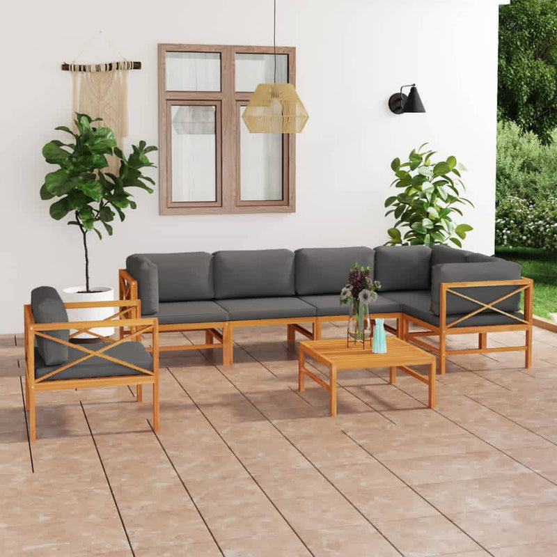 7 Piece Garden Lounge Set with Grey Cushions Solid Wood Teak