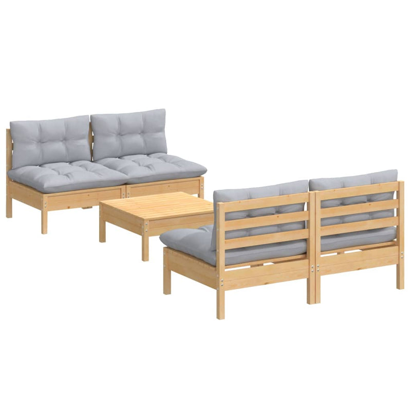 5 Piece Garden Lounge Set with Grey Cushions Pinewood