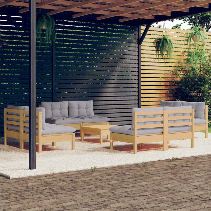 9 Piece Garden Lounge Set with Grey Cushions Pinewood