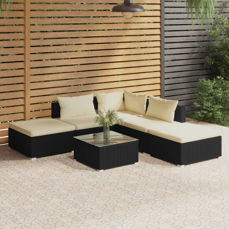 6_Piece_Garden_Lounge_Set_with_Cushions_Poly_Rattan_Black_IMAGE_1