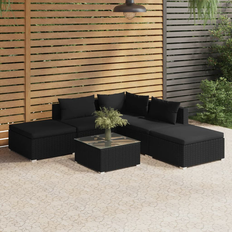6_Piece_Garden_Lounge_Set_with_Cushions_Poly_Rattan_Black_IMAGE_1