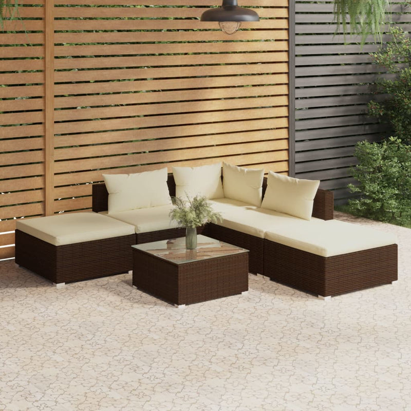 6_Piece_Garden_Lounge_Set_with_Cushions_Poly_Rattan_Brown_IMAGE_1