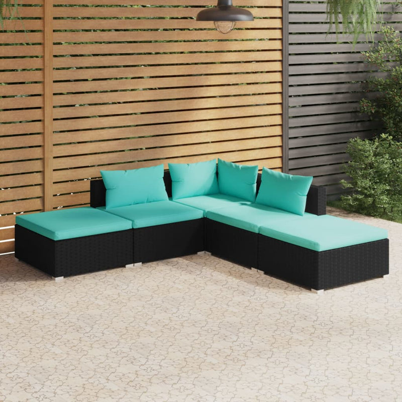 5_Piece_Garden_Lounge_Set_with_Cushions_Poly_Rattan_Black_IMAGE_1