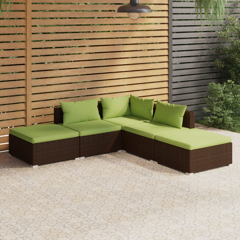 5_Piece_Garden_Lounge_Set_with_Cushions_Poly_Rattan_Brown_IMAGE_1