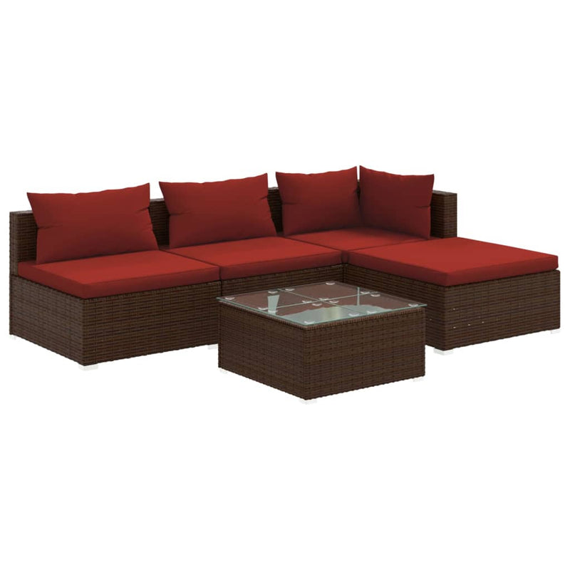 5_Piece_Garden_Lounge_Set_with_Cushions_Poly_Rattan_Brown_IMAGE_2