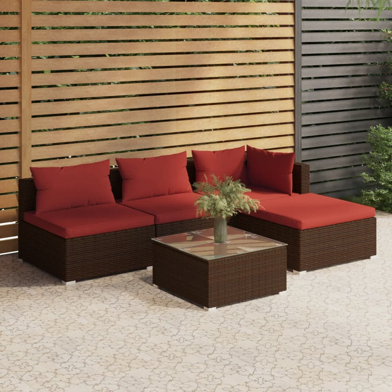 5_Piece_Garden_Lounge_Set_with_Cushions_Poly_Rattan_Brown_IMAGE_1