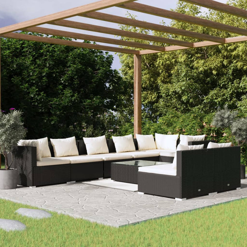 9 Piece Garden Lounge Set with Cushions Black Poly Rattan
