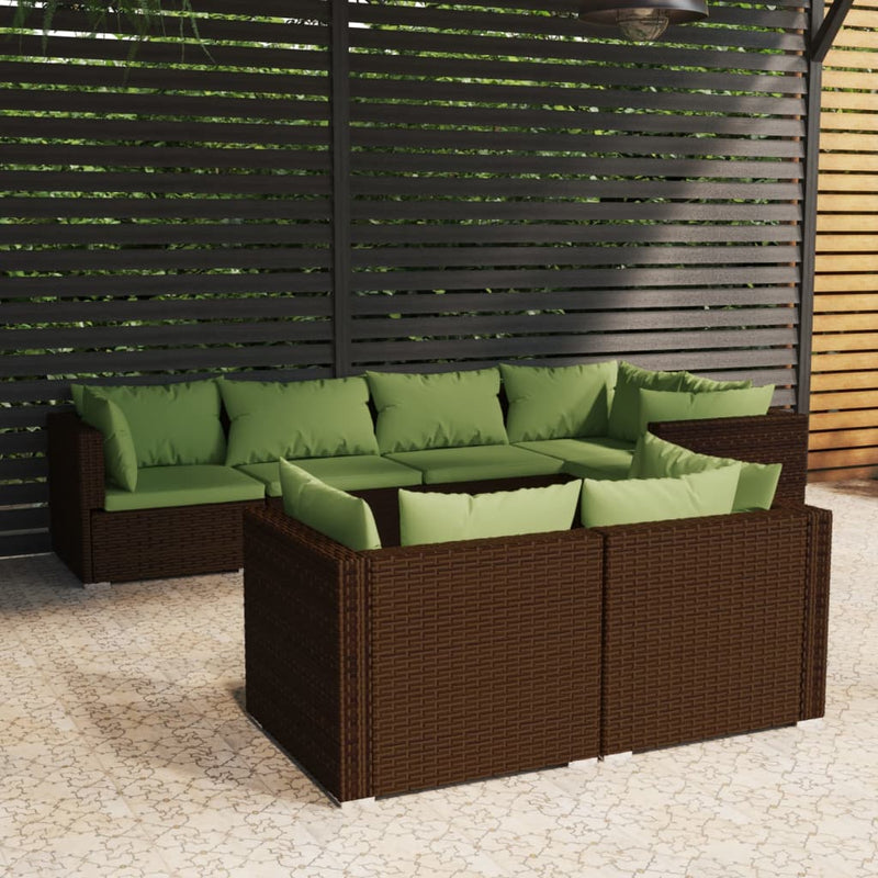7 Piece Garden Lounge Set with Cushions Brown Poly Rattan