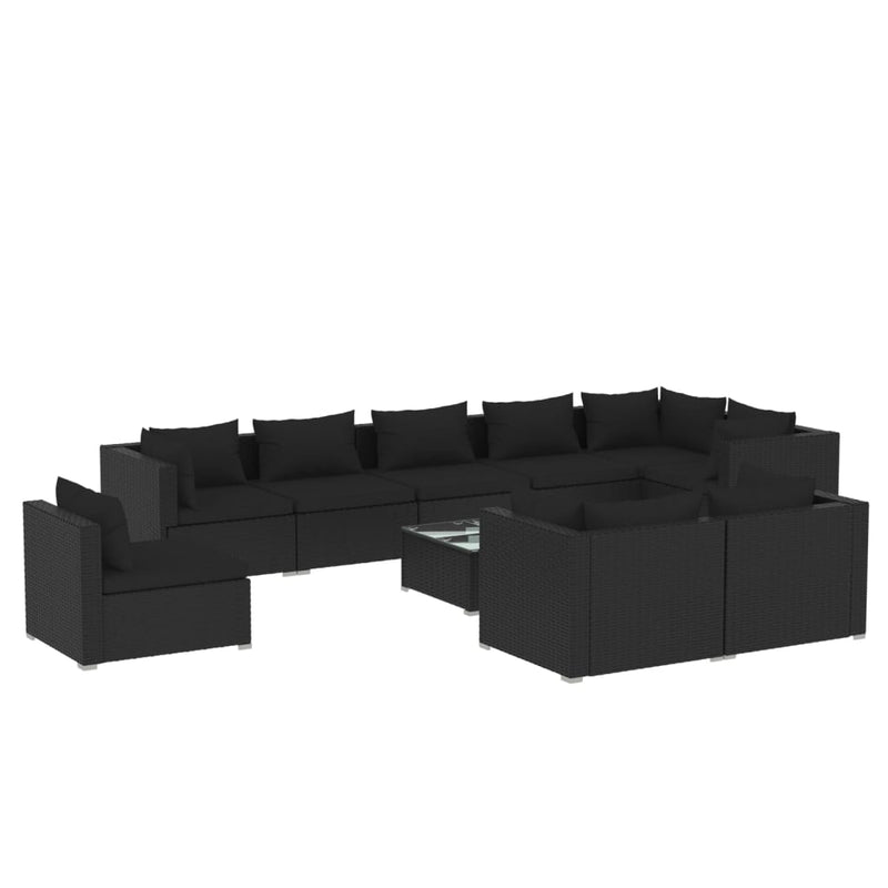 10 Piece Garden Lounge Set with Cushions Poly Rattan Black
