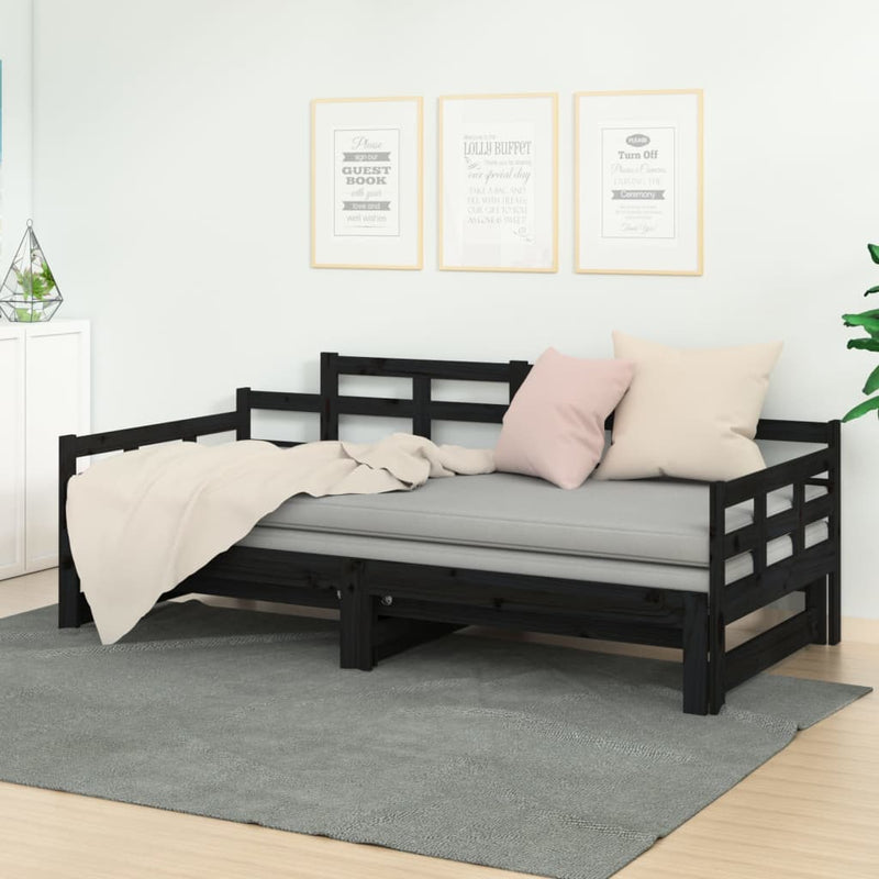 Pull-out Day Bed Black Solid Wood Pine 2x(92x187) cm Single Size