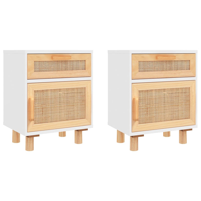 Bedside Cabinets 2 pcs White Solid Wood Pine and Natural Rattan