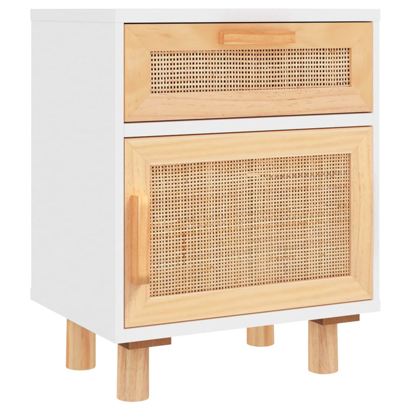 Bedside Cabinets 2 pcs White Solid Wood Pine and Natural Rattan