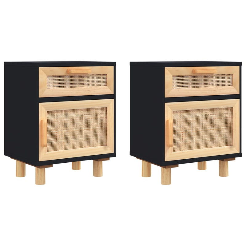 Bedside Cabinets 2 pcs Black Solid Wood Pine and Natural Rattan