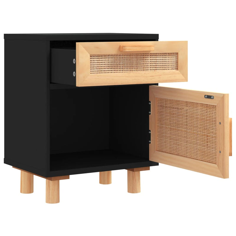 Bedside Cabinets 2 pcs Black Solid Wood Pine and Natural Rattan