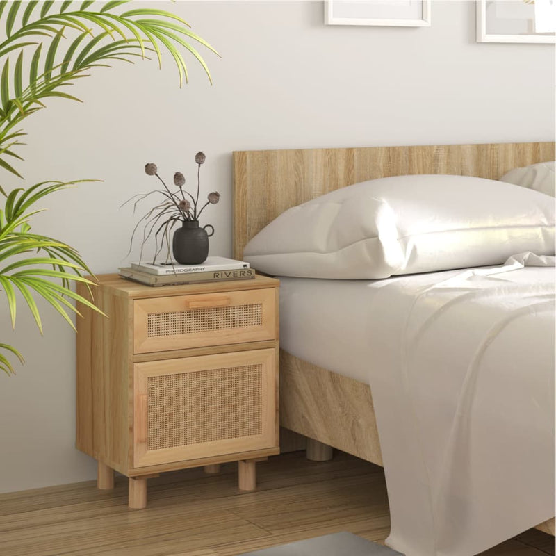 Bedside Cabinets 2 pcs Brown Solid Wood Pine and Natural Rattan