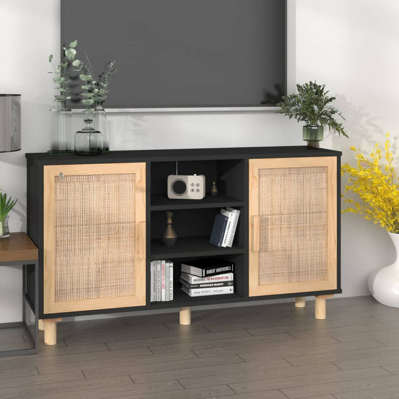 Sideboard Black 105x30x60 cm Solid Wood Pine and Natural Rattan