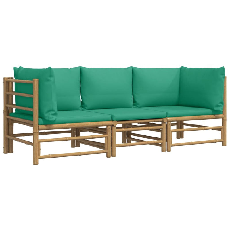 3 Piece Garden Lounge Set with Green Cushions  Bamboo
