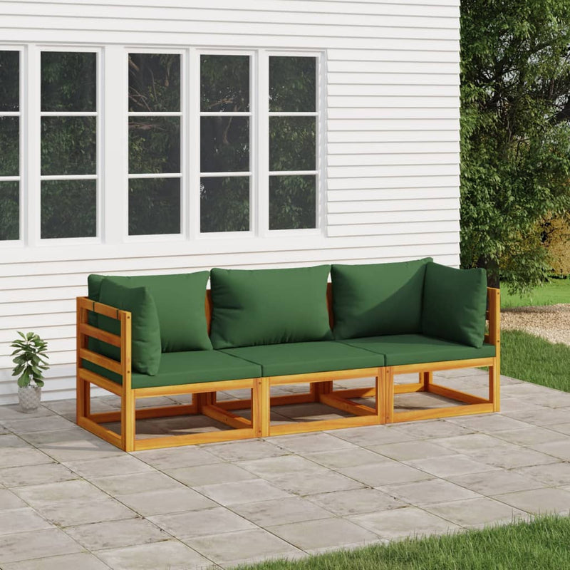 3 Piece Garden Lounge Set with Green Cushions Solid Wood