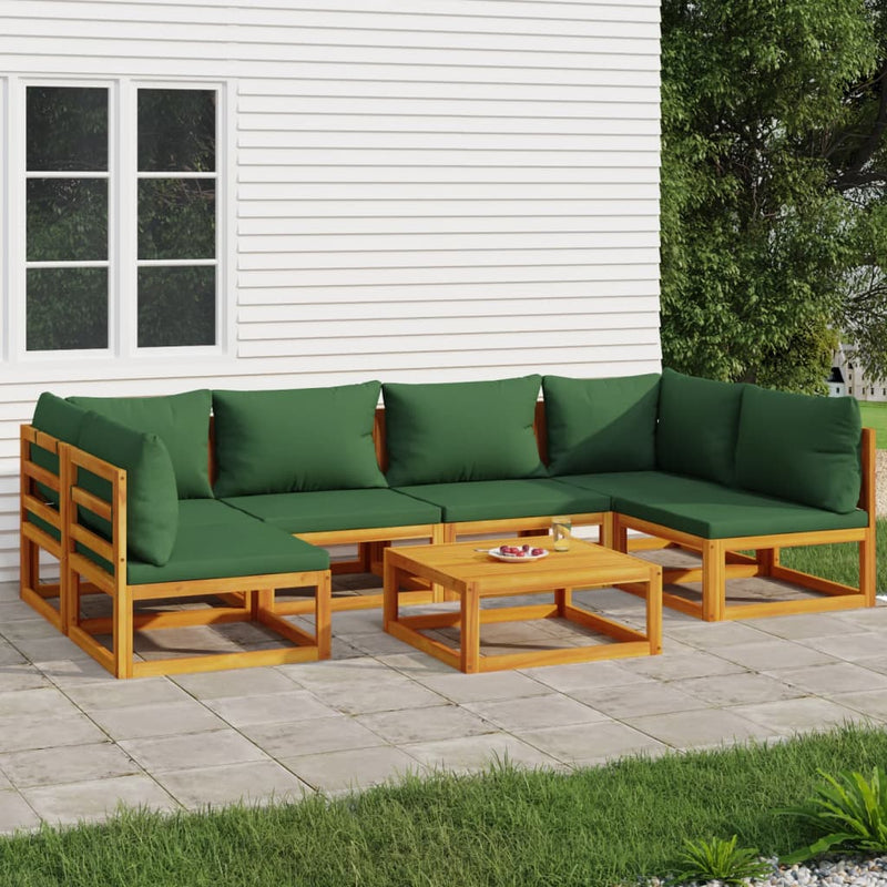 7 Piece Garden Lounge Set with Green Cushions Solid Wood