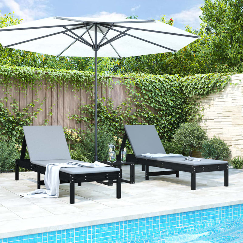 Sun Loungers 2 pcs with Table Black Solid Wood Pine