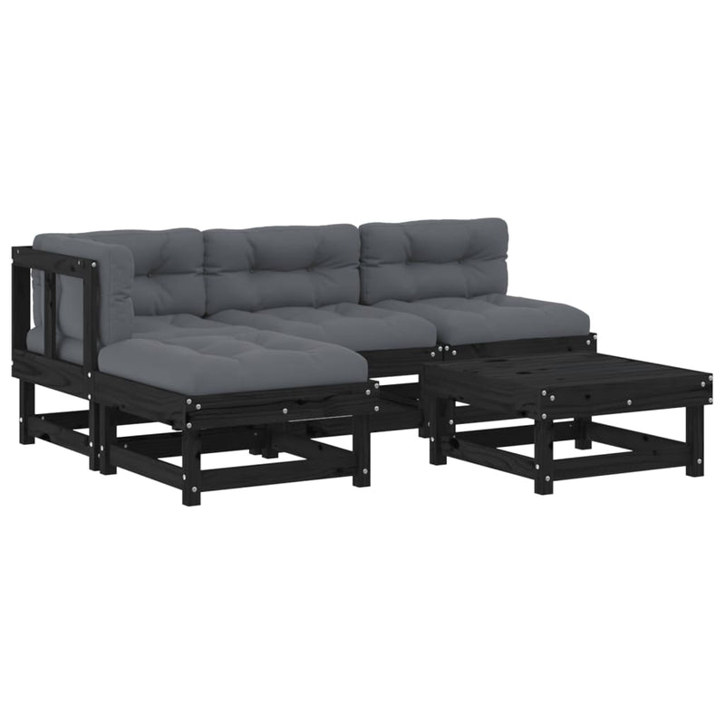 5 Piece Garden Lounge Set with Cushions Black Solid Wood