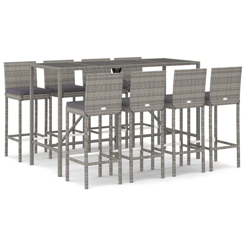 9 Piece Outdoor Bar Set with Cushions Grey Poly Rattan