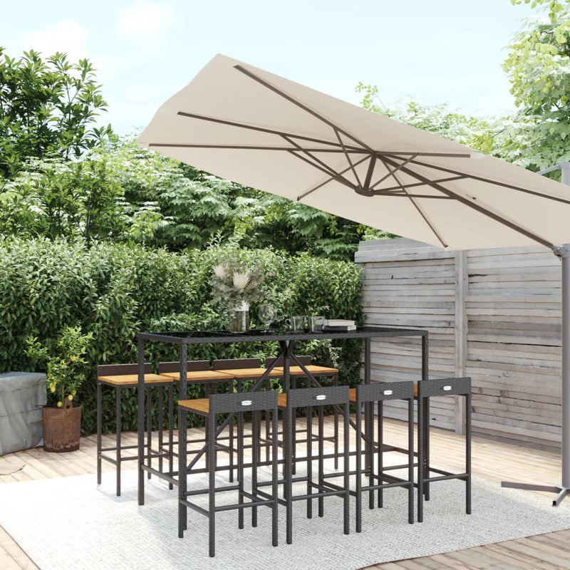 9 Piece Garden Bar Set Black Poly Rattan& Solid Wood Acacia