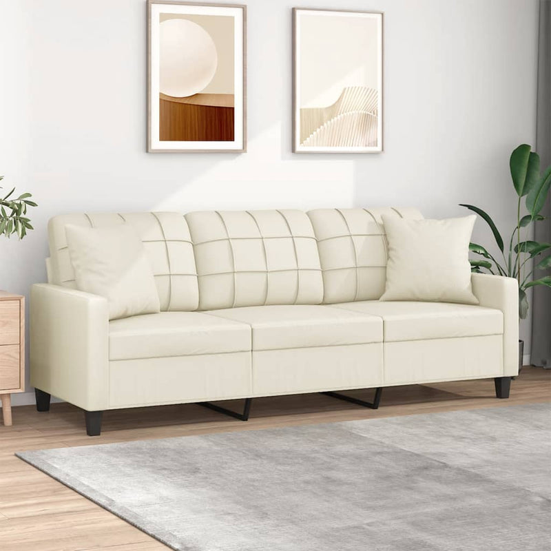 3-Seater Sofa with Throw Pillows Cream 180 cm Faux Leather