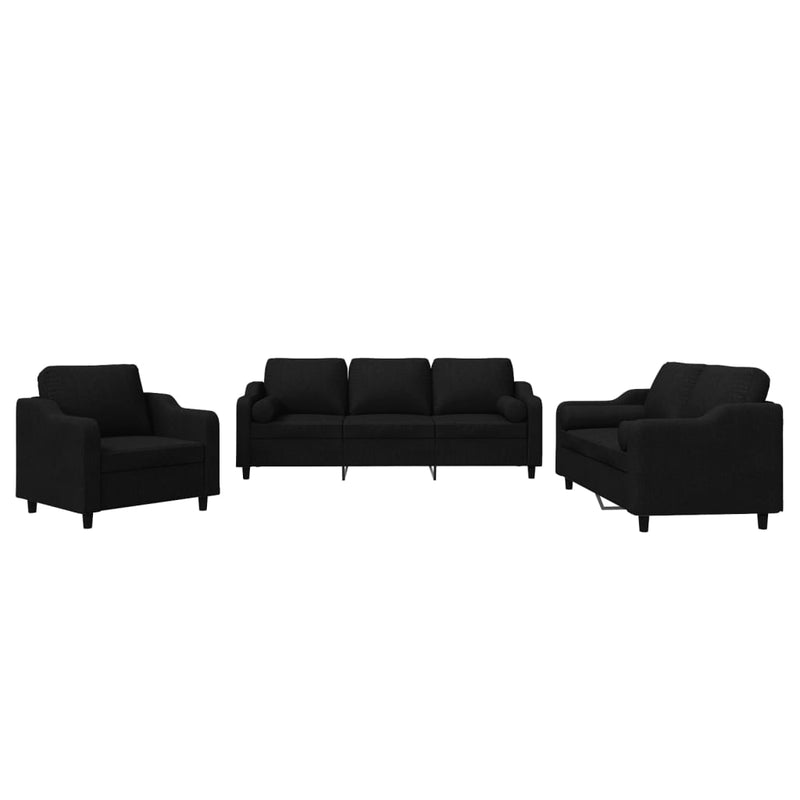3 Piece Sofa Set with Pillows Black Fabric