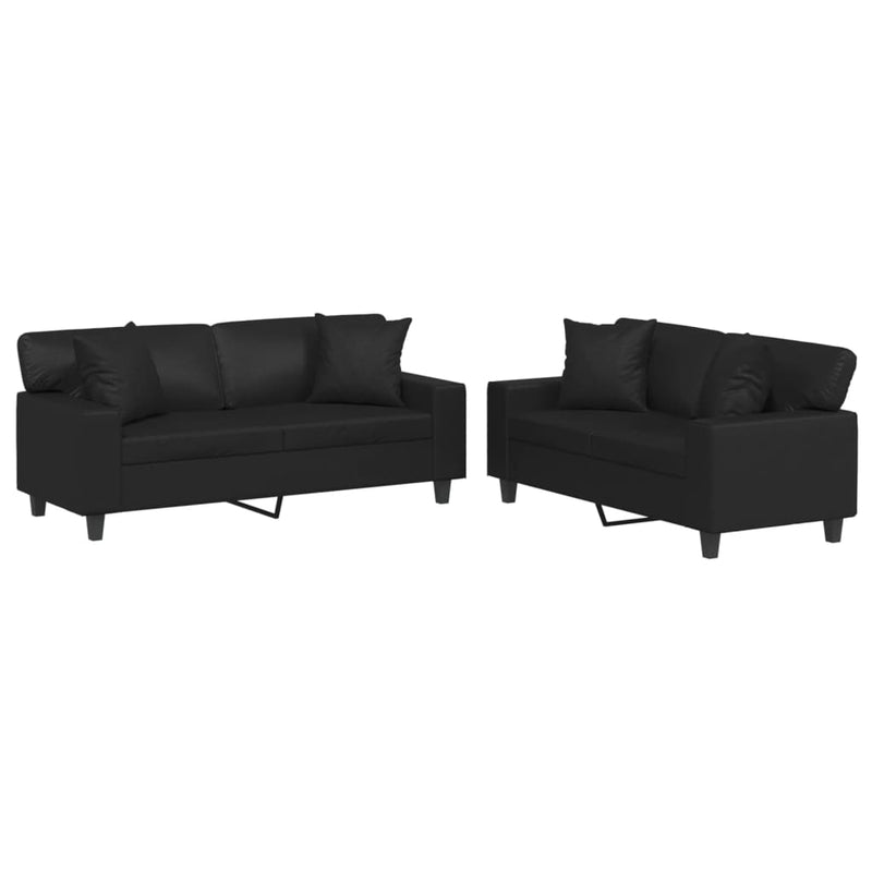 2 Piece Sofa Set with Pillows Black Faux Leather