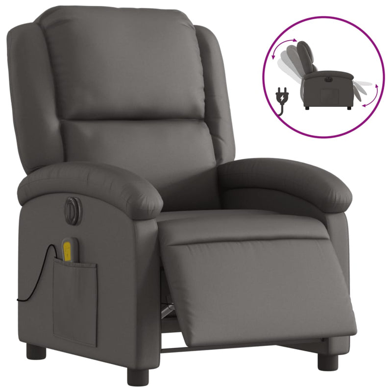 Electric Recliner Chair Grey Real Leather