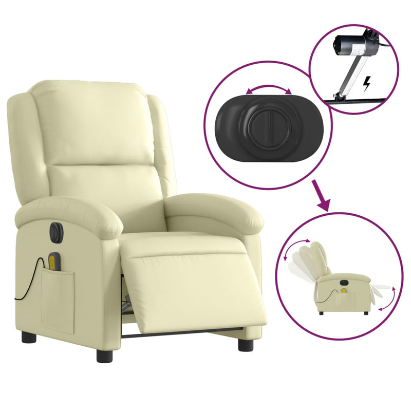 Electric Massage Recliner Chair Cream Real Leather