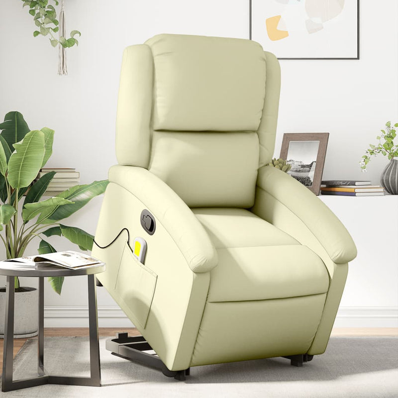 Stand up Massage Recliner Chair Cream Real Leather