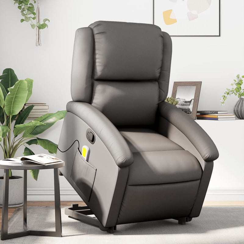 Stand up Massage Recliner Chair Grey Real Leather