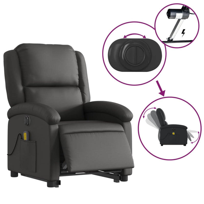 Electric Stand up Massage Recliner Chair Black Real Leather
