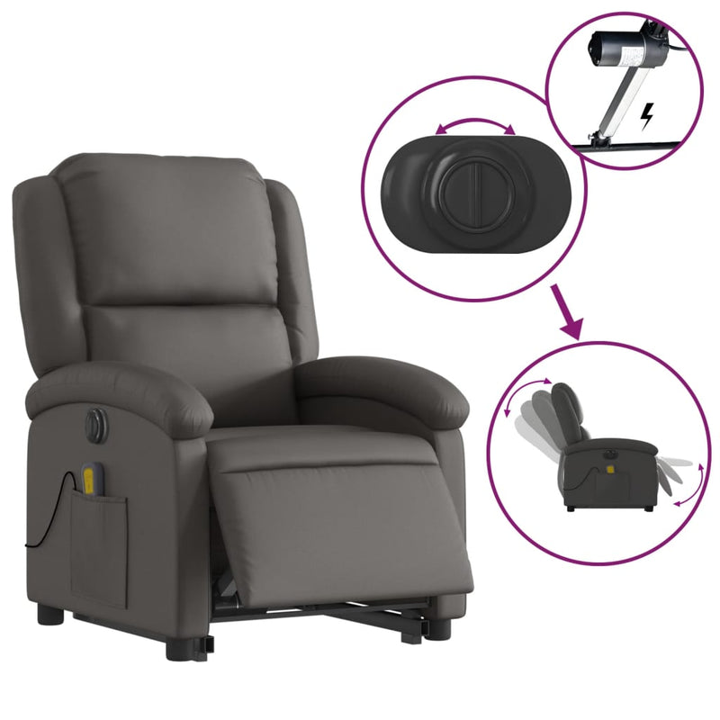 Electric Stand up Massage Recliner Chair Grey Real Leather