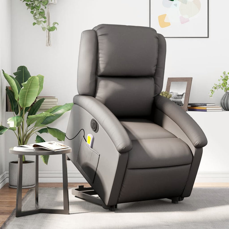 Electric Stand up Massage Recliner Chair Grey Real Leather