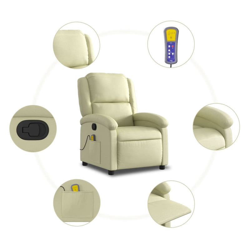 Massage Recliner Chair Cream Real Leather