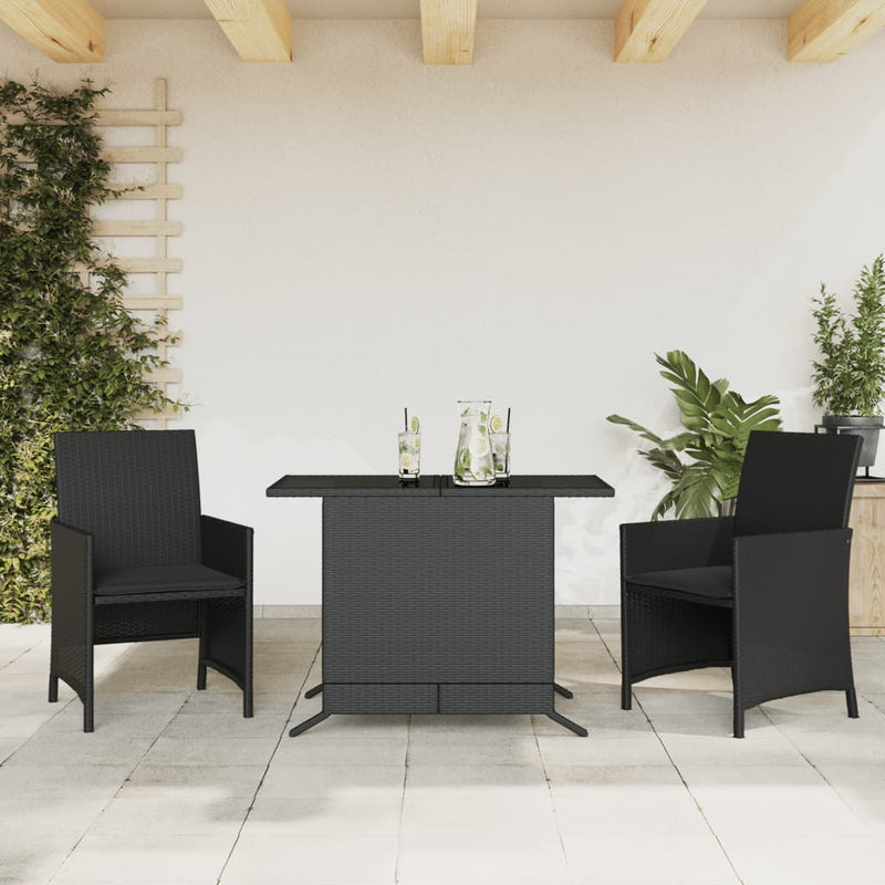 3 Piece Bistro Set with Cushions Black Poly Rattan