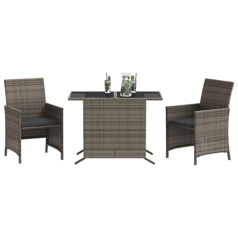3 Piece Bistro Set with Cushions Grey Poly Rattan