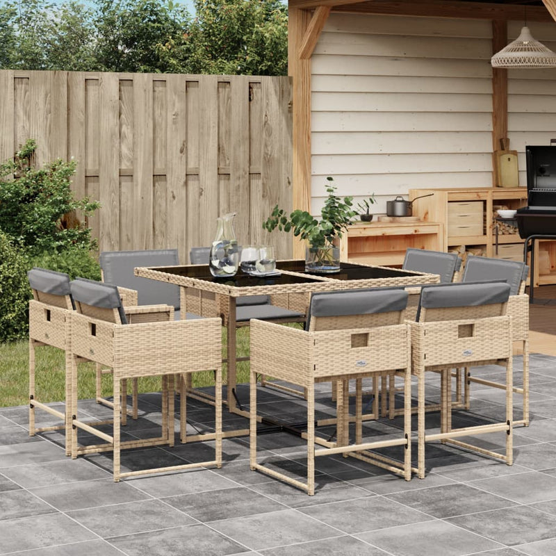 9 Piece Garden Dining Set with Cushions Mix Beige Poly Rattan