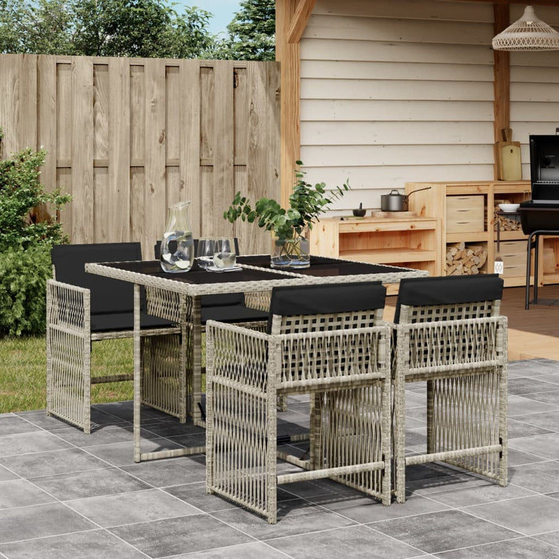 5 Piece Garden Dining Set with Cushions Light Grey Poly Rattan