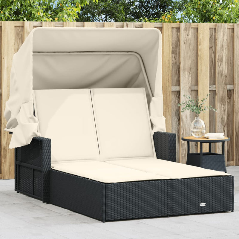 Double Sun Lounger with Canopy and Cushions Black Poly Rattan