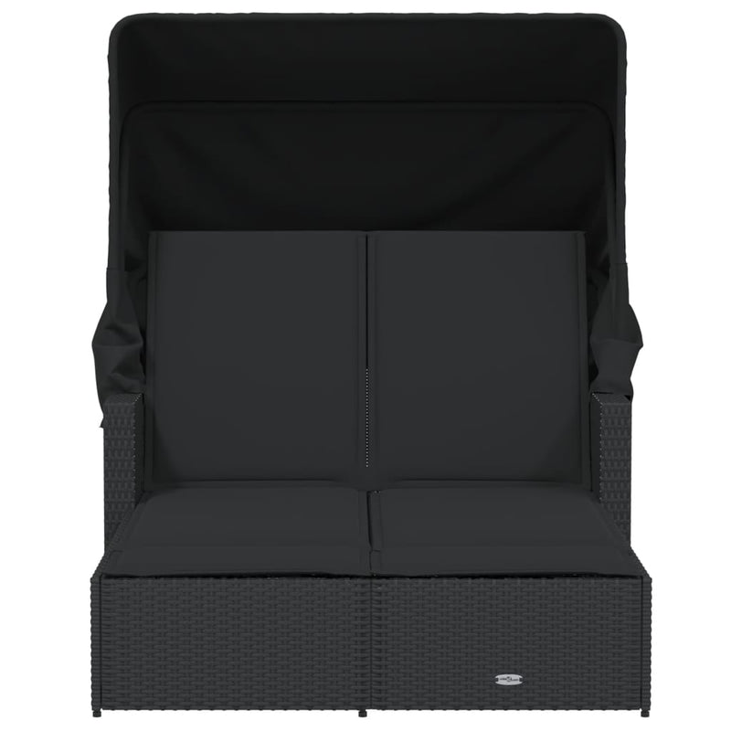 Double Sun Lounger with Canopy and Cushions Black Poly Rattan