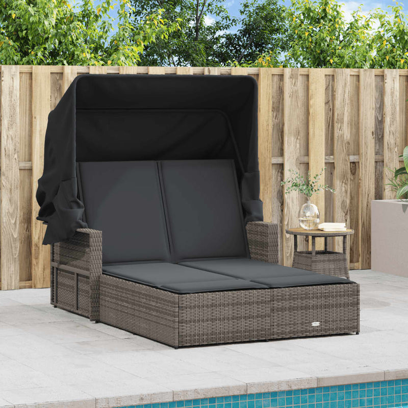 Double Sun Lounger with Canopy and Cushions Grey Poly Rattan