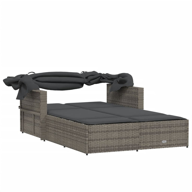 Double Sun Lounger with Canopy and Cushions Grey Poly Rattan