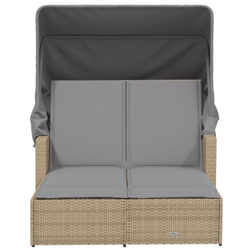 Double Sun Lounger with Canopy and Cushions Mix Beige Poly Rattan