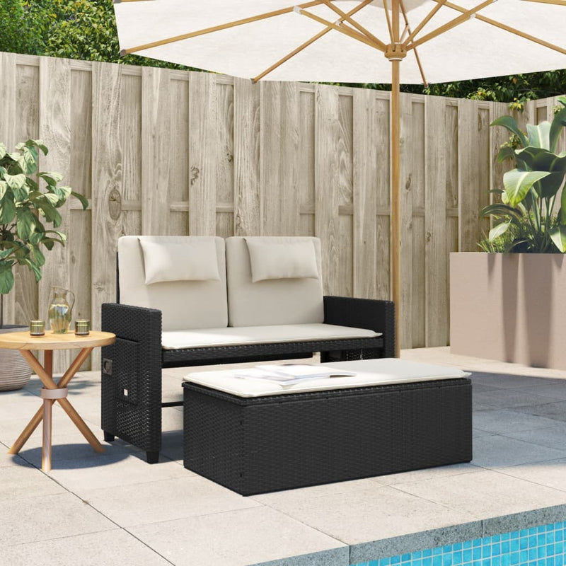 Reclining Garden Bench with Cushions Black Poly Rattan