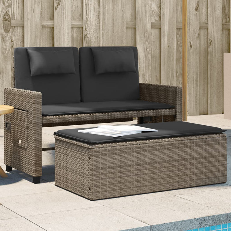 Reclining Garden Bench with Cushions Grey Poly Rattan